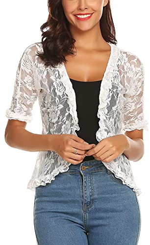 Geagodelia Boléro Dentelle Femme Eté à Manches Courtes avec Broderie des Fleur (Blanc, S)