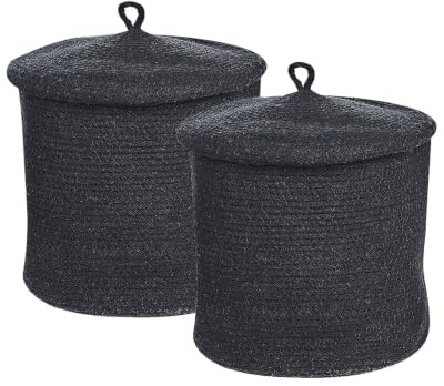 Korb 2er Set Baumwolle schwarz geflochten mit Deckel Boho-Design Silopi