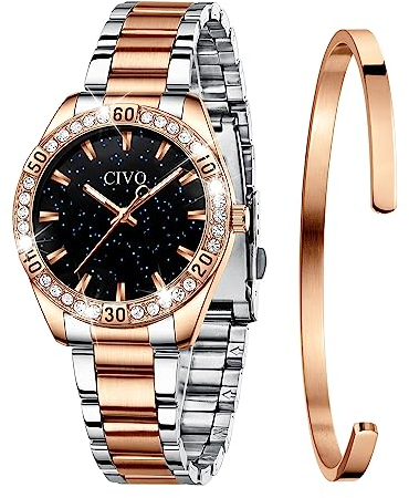 CIVO Damen Uhren Edelstahl Sternenhimmel Roségold Designer Analoge Quarz Wasserdicht Elegant Armbanduhr für Damen