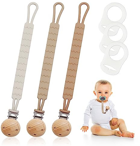 Silicone Dummy Clips Set, 3pcs Soother Clips Chains with Adapter Ring for Baby, One-Piece Design Pacifier Soother Chain Fits Most Pacifiers for Boys and Girls (Brown)