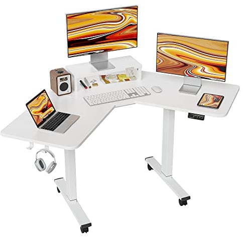 FEZIBO Bureau en Forme de L Électrique avec Double Moteur, Bureau d'angle Debout de 120 cm, Bureau Assis-Debout pour Le Bureau à Domicile avec Plateau Blanc et Cadre Blanc