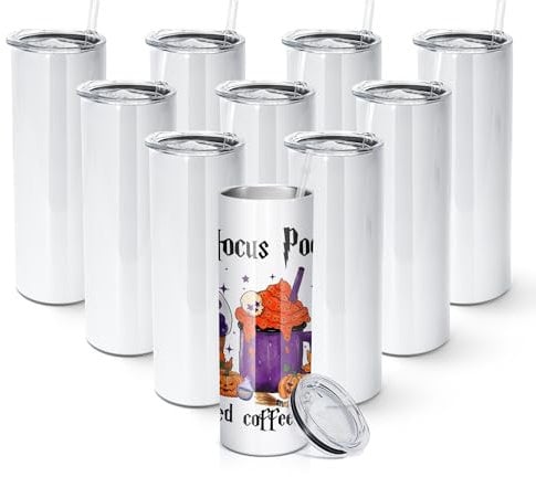 AGH 10 Pack Sublimation Tumbler Blank 20 OZ Straight Skinny Tumbler with Straw, Stainless Steel Double Wall Insulated Tumbler for Tumbler Press Machine