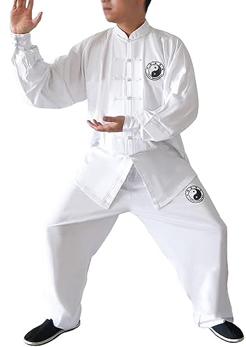 Dee Plus Tai Chi Uniform Men Women Kung Fu Suit Cotton Martial Art Clothing, Long Sleeve, Chinese Traditional Uniforms Zen Meditation for Tai Chi and Wing Chun Wu Shu Meditation and Qigong White