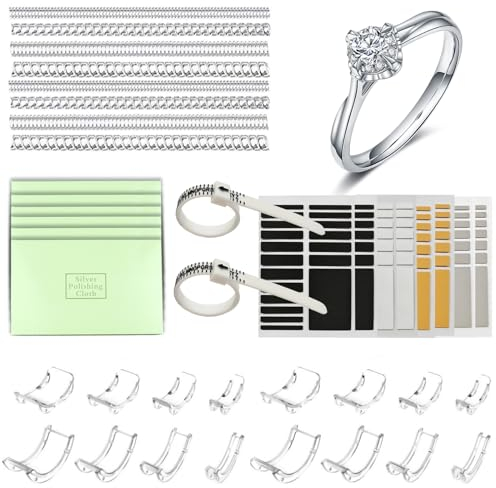 40 Stück Unsichtbarer Ringverkleinerer set, Transparente Spiralfaden mit Ringgrößenversteller, Poliertuch und Ringgrössenmesser, für Lose Ringe, passend für alle Ringe (12 Größen)