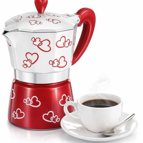 ANKROYU Stovetop Moka Pot with Removable Filter, Aluminum Espresso Maker in Large & Small Sizes, Red Heart Design Coffee Pot for Gas & Electric Stoves, Home and Camping Use
