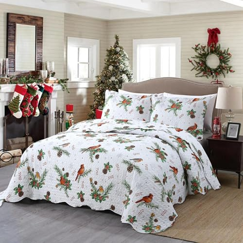 MarCielo 3-teiliges Weihnachts-Steppdecken-Set, rustikale Lodge, Hirsch, Tagesdecke, Überwurf, Decke, leichte Tagesdecke, Bettdecken-Set (Kardinäle, Queen)