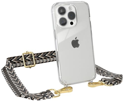 EAZY CASE Handykette - Verstellbares Taschenband kompatibel mit iPhone 15 Pro, Schulterriemen, Handykordel mit Silikon Hülle, Umhängetasche, Grau Schwarz Gold