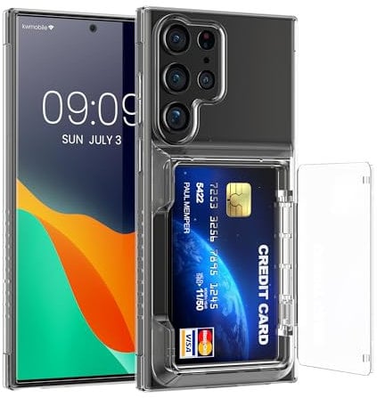 kwmobile Case with Card Holder Compatible with Samsung Galaxy S23 Ultra Case - Clear Hard Cover with Soft Bumper - Transparent