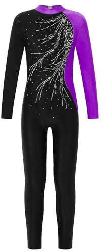 TiaoBug Body Ginnastica Artistica Bambina Maniche Lunghe Tuta Intera da Pattinaggio Artistico con Strass Body Danza Classica Moderna Leotards Bodysuit da Allenamento Viola 5-6 anni