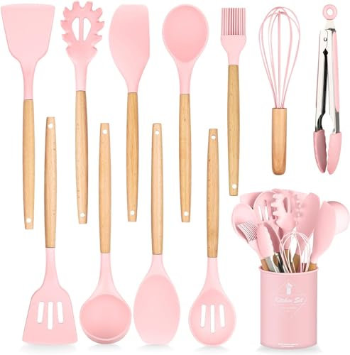 ClaShop Set Utensili da Cucina, 12 Pezzi in Silicone Include Porta Utensili - Antiaderente AntiGraffio con Manico in Legno (Colore Rosa)