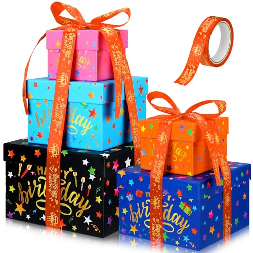 Geyoga Quadratische Geschenkboxen mit Deckel, bunte Sterne, quadratische Box, 5 verschiedene Größen, stapelbare Geschenkbox für Geburtstag, Babyparty, Party, Geschenkverpackung, 5 Stück