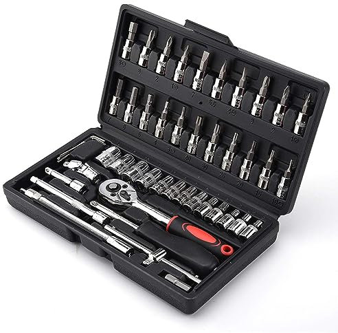 DTXDTech Set di 46 chiavi a bussola, 1/4 pollici, set di attrezzi per la casa, set di chiavi a cricchetto reversibili per auto