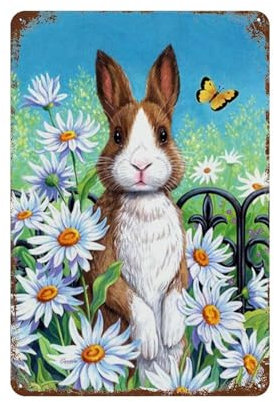 PGCKSK Schön Hase Weiß Daisy Schmetterling,Vintage-Blechschild, für Zuhause, Büro, Küche, Pub, Club, Café, Bar, Bauernhof, Restaurant, Kollektion, Metall-Wanddekoration-20 x 30 cm (8 x 12 Zoll) E-27