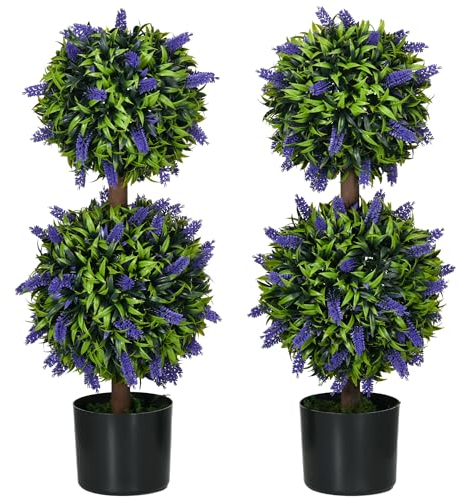 HOMCOM Juego de 2 plantas artificiales de lavanda grandes de 70 cm, plantas artificiales de plástico en maceta, resistentes a los rayos UV, flores artificiales con 2 bolas para salón, dormitorio