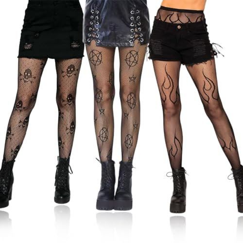 KUMSODE 3 Paia Collant a Rete, Collant a Rete Donna Fantasia, Fishnet Stockings Calze Calze Calze a Rete a Vita Alta Calze da Pesca Collant per Donna, Vita Alta Elastico Pizzo Collant Fantasia