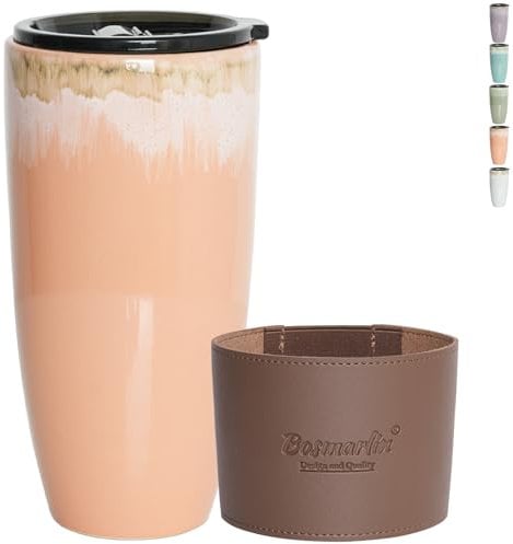 Bosmarlin Ceramic Travel Coffee Cup with Lid, 21 oz, Portable Coffee Mug for Car Cup Holder, Microwave Safe, Reactive Glaze (Light Orange)