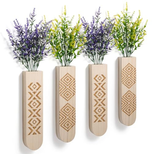 4 Pack Wood Wall Planter with Artificial Flower Plants, Boho Wall Decor for Living Room Bedroom Bathroom, Wall Planter for Indoor Plants with Faux Plant Decor