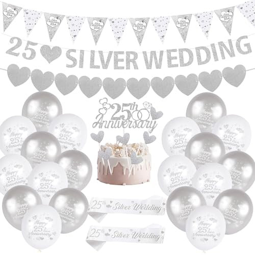 Creaher Silver & White 25th Wedding Anniversary Decorations: 20 Balloons, Banner, Ribbons, Garland, Cake Topper, Satin Sash for Silver Couple Party