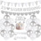 Creaher Silver & White 25th Wedding Anniversary Decorations: 20 Balloons, Banner, Ribbons, Garland, Cake Topper, Satin Sash for Silver Couple Party