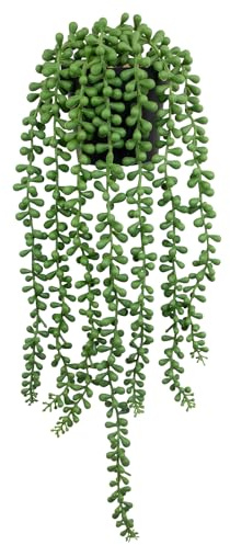 LOYWREE Fake Plants Indoor Artificial String of Pearls Plant in Black Pots, Realistic Green Faux Succulent Hanging Plants for Shelf Decor Desk Home Garden Decorations