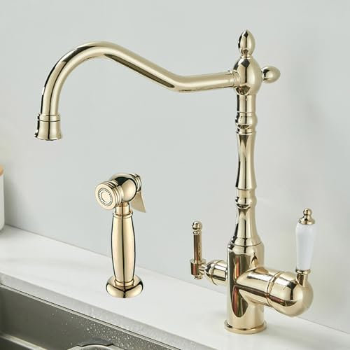 Miscelatore Cucina Vintage Rubinetto Cucina Con Doccetta Estraibile Rubinetto 4 Vie per Depuratore Rubinetto Cucina Dorato-A