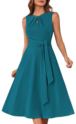 GRACE KARIN Ärmelloses Midikleid für Damen elastisches Rundhalskleid Plissiertes Cut-Out mit Gürteltaschen Baugrün 2XL