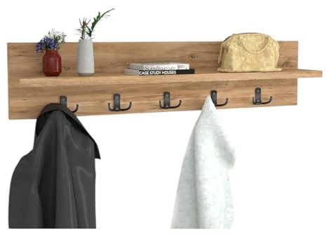 TheOwnas Wall Mounted Coat Rack with Shelf | 80cm Pine Wood Floating Design with 5 Double Metal Hooks for Jackets, Clothes, Hats & Accessories