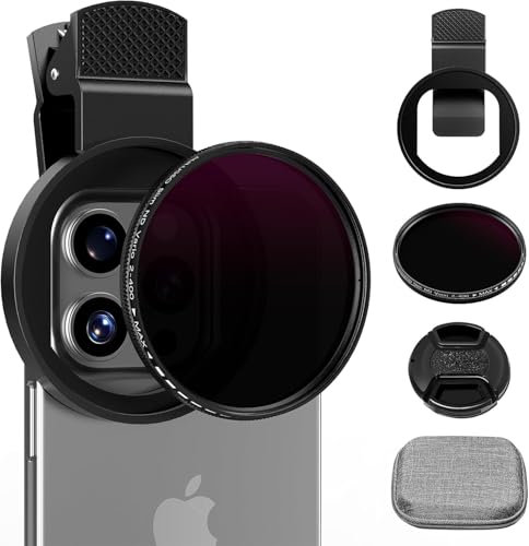 52mm Variabler ND2-ND400 Filter mit verbessertem Handy-Clip, Neutraldichte-Filterlinse für iPhone 16/15/14/13 Pro Max Samsung Moto Google TCL, HD doppelseitiges, mehrfach beschichtetes Glas