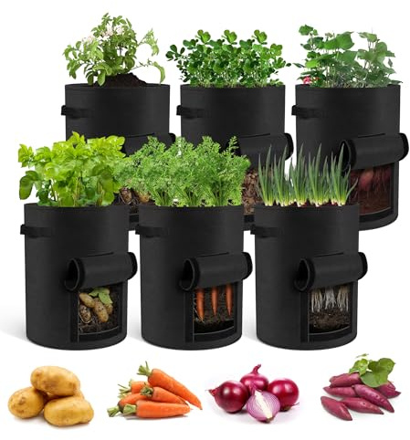 Moyios Lot de 6 sacs de culture de pommes de terre de 50 litres, sacs de plantation de jardin avec poignée renforcée, pots en tissu non tissé épais pour tomates, légumes et fruits (noir, 50 litres/lot
