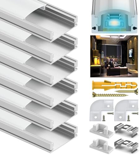 LED Profil, 6x1M Aluminium Profil U Form Strip Kanal für 12mm LED Streifen, Stripe Schiene Strip Diffusor Leiste Kanäle Aluprofil Eckprofil mit Milchig Weißer Abdeckung und 90 Grad Eckverbindern