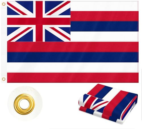 Hawaii-Flagge, 90 x 150 cm, strapazierfähig, für den Außenbereich, genähte Union Jack und 8 horizontale Streifen, doppelseitiger 210D-Stoff, Messingösen und 4 Stichsäume, Staat Hawaii, HI-Flaggen für