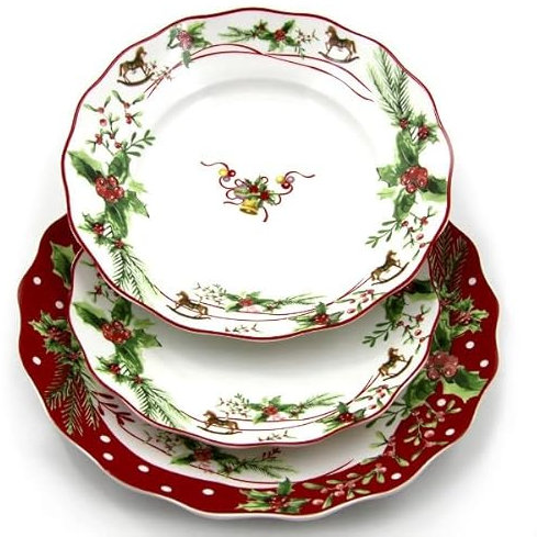 Royal Family Service d'assiettes de Noël décor canpanelle et cheval à bascule pour 6 places (18 pièces) en porcelaine brillante et durable - Passe au lave-vaisselle et au four - « Christmas Dream »