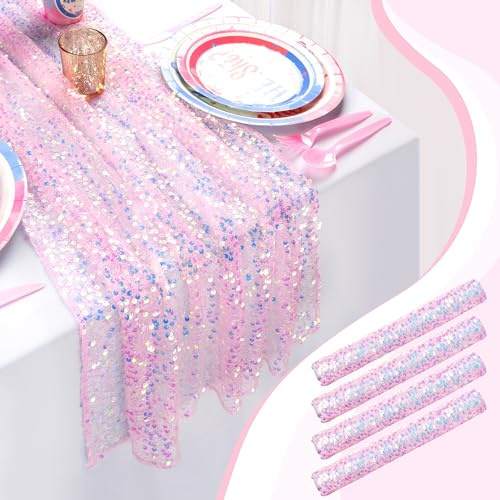 4er Set Tischläufer 63 x 300 cm Glitzer Meerjungfrau Pailletten Schillernd Rosa Tischband für Mädchengeburtstag Gender Reveal Ostern Party Dekoration (4 Stück)
