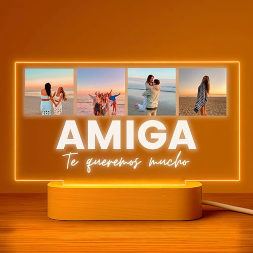Cristal Plaque Lampara Personalizada Amigas con 4 Fotos y Mensaje – Luz LED USB – Regalo Amigas Especiales Cumpleaños, Navidad, Boda y Aniversario