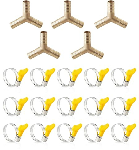 Glirowy 5 Pcs 10mm Y-Shaped Brass Three-Way Hose Barb Joints Fuel Hose Connector Adjustable Pipe Clamps Kits