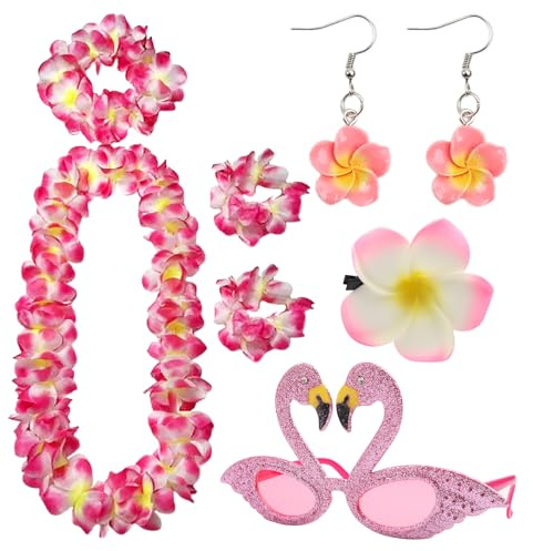 Molirex 6 Stück Hawaii Kette Blumen Deko, Blumenketten Hawaii | mit Blume-Armbänder, Swan Sonnenbrille, Stirnband, Ohrringe, Haarspangen, Hawaii Hemd Party Strand Deko, Rosa