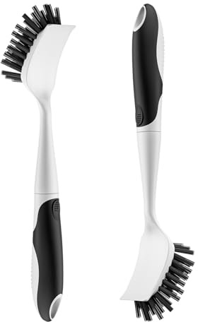 Cleangor 2 Pack Black Dish Scrub Brushes with Built-in Scraper | Stiff bristles & non-slip handles, perfect for cleaning pots, pans, stoves and kitchen sinks.