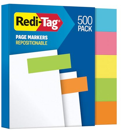 Redi-Tag Neon Page Markers, Adhesive Flags for Journals, Books and Binders, Sticky Flags, 4 Assorted Colors: Yellow, Pink, Green, Blue and Orange, 0.6 x 2, 500 Per Pack (1014663)