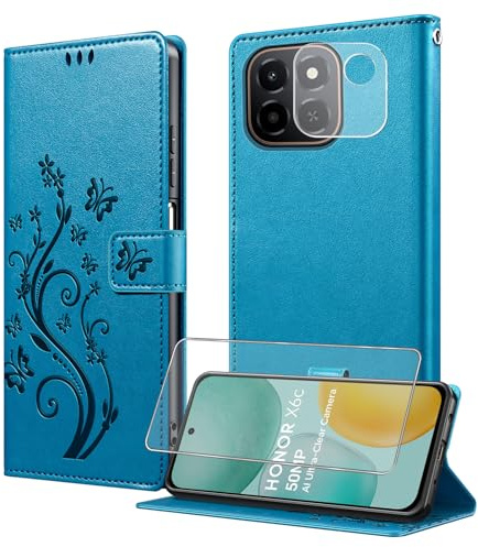 TTYSHTT for Honor X6C Case Wallet with Tempered Glass Screen Protector &Camera Lens,Card Holder Slots Wrist Strap TPU Interior Protective Shockproof,PU Leather Folio Flip Cases Cover,Blue