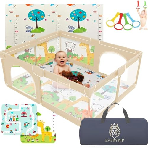 EveryKip® Laufstall Baby 120x120cm, Laufgitter baby mit atmungsaktivem Netz, Baby Laufstall mit Reißverschlusstür, Kinder laufgitter, Kleines Laufstall (Beige)