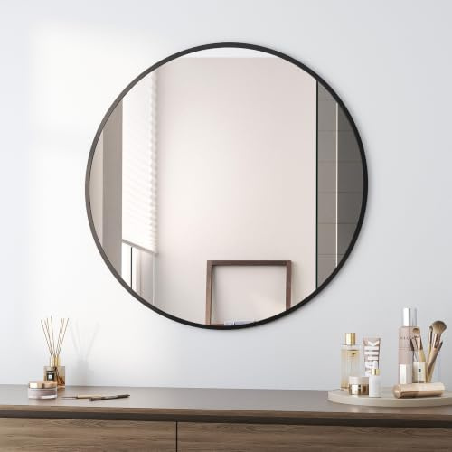 Schwarzer Runder Badezimmerspiegel 70cm mit gebürstetem Metallrahmen | HD-Glas Wandspiegel für Make-up, Bad, Wohnzimmer, Flur & Eingangsbereich