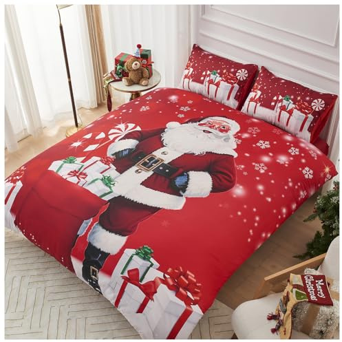 GC GAVENO CAVAILIA Xmas Jolly Santa Duvet Cover - Festive Christmas Double Bedding Set with Pillowcases - Soft Hypoallergenic Polyester Quilt Cover Bed Set (200x200 cm) - Easy Care Winter Bed Linen