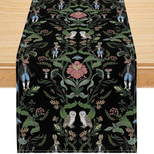 Vintage Waldtier Tischläufer mit Eule Hase und Blumen, Märchenhaftes Schwarzes Forest Design für Esszimmer Küche Wohnzimmer, Polyester Leinenoptik Tischdeko 33x92cm