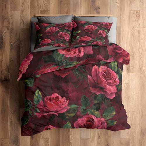 Generisch 155x220 Bettwäsche Rote Rosen Bettbezug - 2tlg, 1 Kissenbezug 80x80, Vintage Blumen Muster, Schlafzimmer Deko, Weiche Mikrofaser Wendebettwäsche mit Reißverschluss N232A