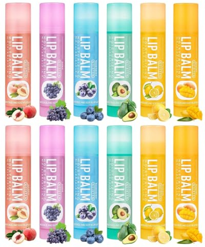 ZKUNL 12 piezas Juego de Bálsamo Labial, Brillo Labial con Sabor a Fruta, 6 Sabores Frutales, Bálsamo Hidratante para Labios Agrietados y Secos
