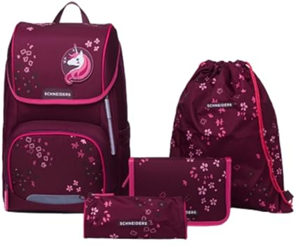 Schneiders Ergojet Schultasche Set Floral Fantasy (6-teilig) – Wandelbarer Mädchen-Schulranzen Einhorn, LED-Licht, ergonomisch & nachhaltig, leicht (990g), Schule & Freizeit, 21L, Bordeaux-Rot