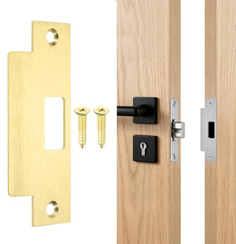 sourcing map Door Strike Plate, 125 x 50mm Stainless Steel Security Latch Strike Deadbolt Plates Double Holes Door Backplate with Screws for Interior Doors Exterior Deadbolt (Gold)
