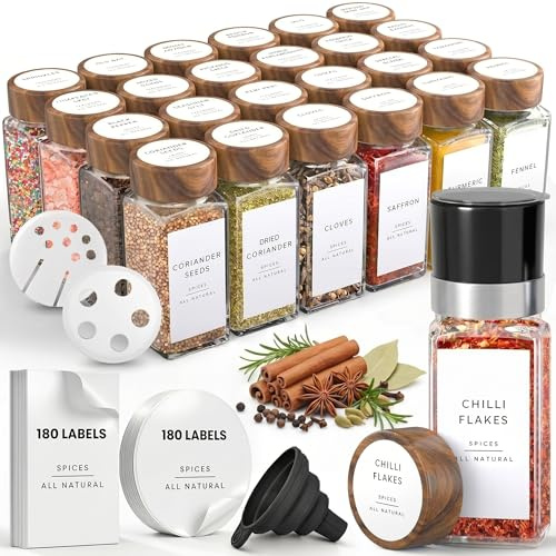 Glass Spice Jars with Acacia Lids and Labels – 24 Bamboo Lid Spice Containers - 120ml Airtight Jars with 360 White UK Designed Waterproof Pre-Printed Labels - Complete Herb, Seasoning & Spices Storage