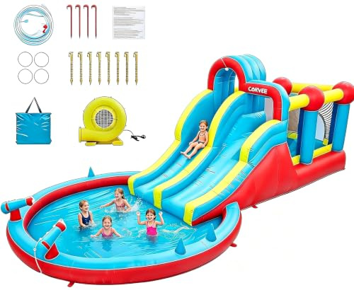 Chateau Gonflable Extérieur avec Piscine, 8 in 1 Château Gonflable XXL-Double Toboggan & Souffleur,Structure Gonflable Exterieur Enfant 710 * 315 * 220cm, Air De Jeux Gonflable Piscine Fur 3-8 Ans