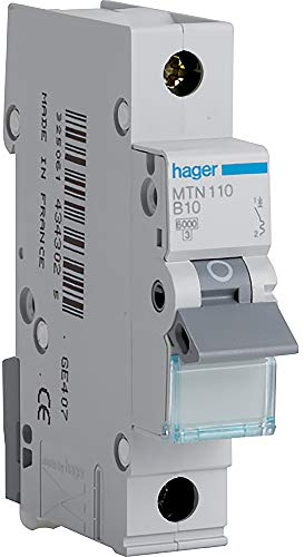 Hager MTN110 Miniature Circuit Breaker, 1 Pole, 1 Module, Type B, 6 kA Breaking Capacity, 10 A Current